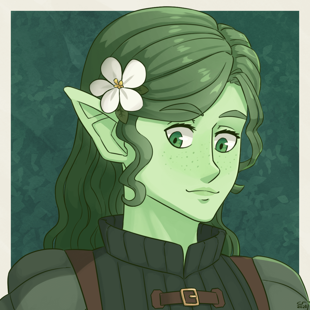 Portrait of a green-skinned fae woman with padded armor and a flower in her hair.